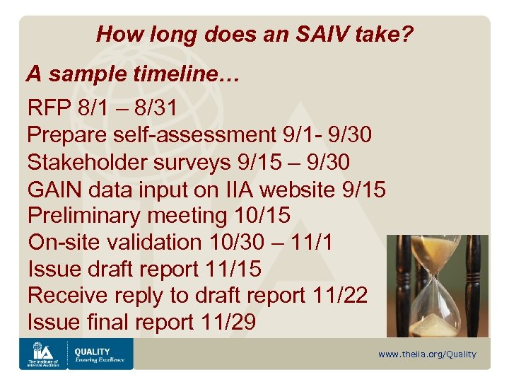 How long does an SAIV take? A sample timeline… RFP 8/1 – 8/31 Prepare