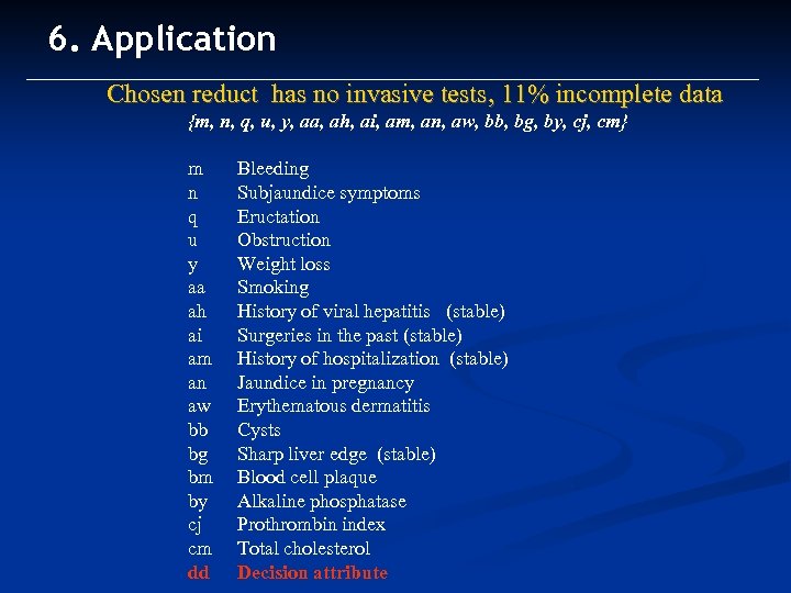 6. Application Chosen reduct has no invasive tests, 11% incomplete data {m, n, q,