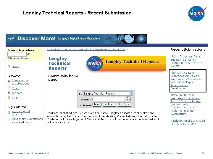 Langley Technical Reports - Recent Submission National Aeronautics and Space Administration Implementing DSpace at