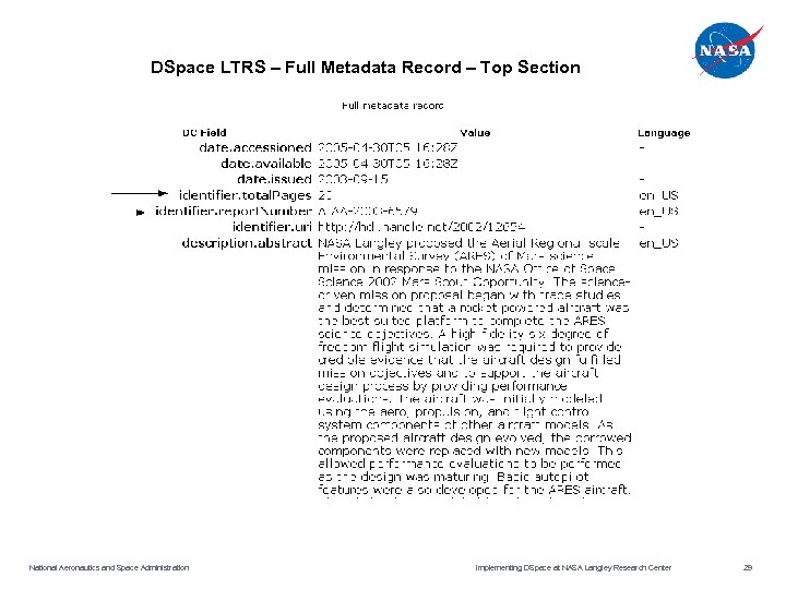 DSpace LTRS – Full Metadata Record – Top Section National Aeronautics and Space Administration