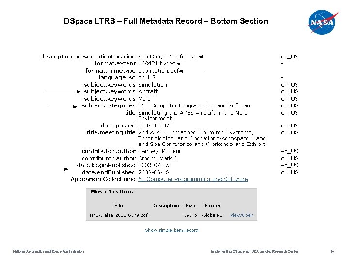 DSpace LTRS – Full Metadata Record – Bottom Section National Aeronautics and Space Administration