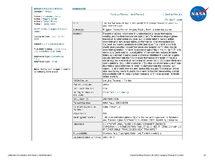 National Aeronautics and Space Administration Implementing DSpace at NASA Langley Research Center 33 