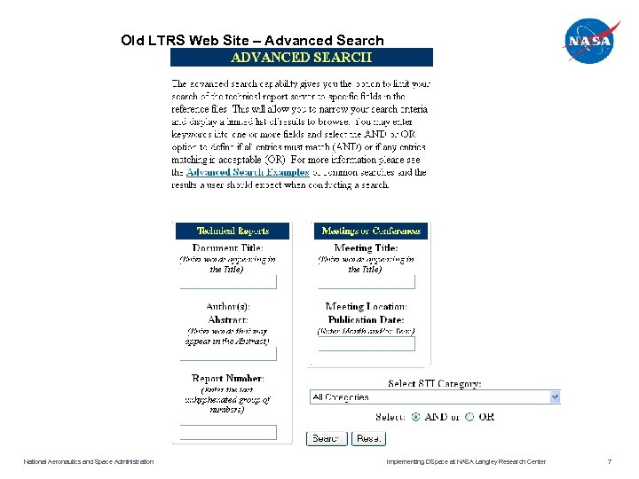 Old LTRS Web Site – Advanced Search National Aeronautics and Space Administration Implementing DSpace