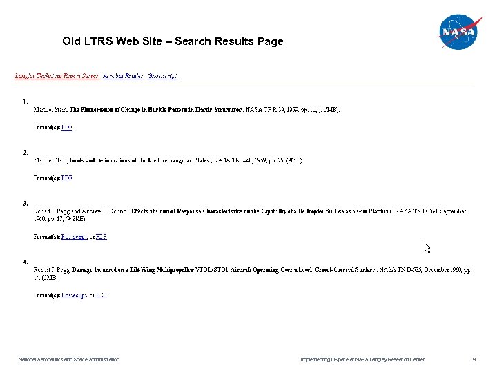 Old LTRS Web Site – Search Results Page National Aeronautics and Space Administration Implementing