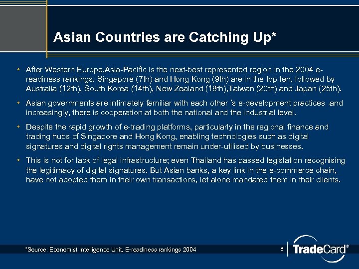 Asian Countries are Catching Up* • After Western Europe, Asia-Pacific is the next-best represented
