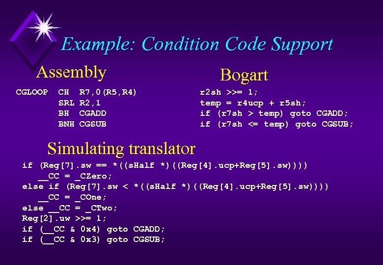 Example: Condition Code Support Assembly CGLOOP CH SRL BH BNH R 7, 0(R 5,
