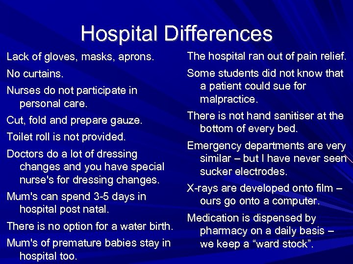 Hospital Differences Lack of gloves, masks, aprons. The hospital ran out of pain relief.