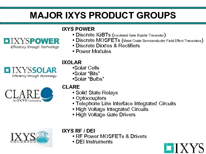 MAJOR IXYS PRODUCT GROUPS IXYS POWER • Discrete IGBTs (Insulated Gate Bipolar Transistor) •