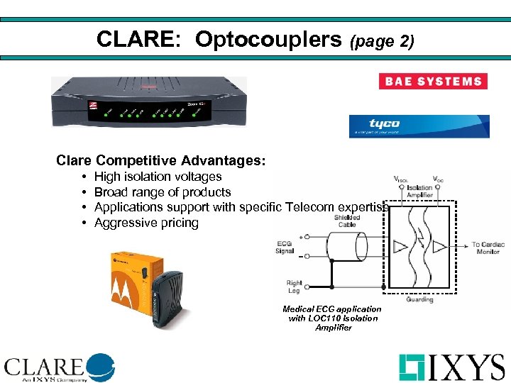 CLARE: Optocouplers (page 2) Clare Competitive Advantages: • • High isolation voltages Broad range