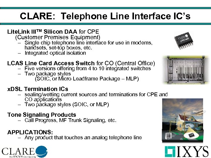 CLARE: Telephone Line Interface IC’s Lite. Link IIITM Silicon DAA for CPE (Customer Premises