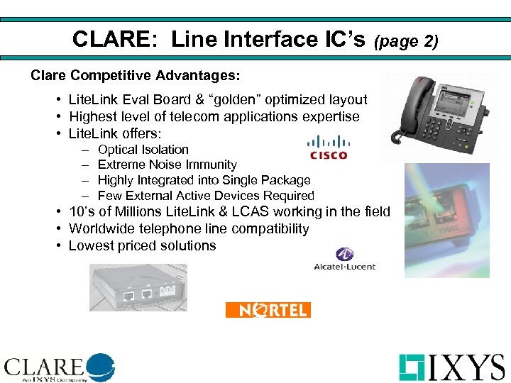 CLARE: Line Interface IC’s (page 2) Clare Competitive Advantages: • Lite. Link Eval Board