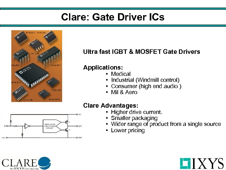 Clare: Gate Driver ICs Ultra fast IGBT & MOSFET Gate Drivers Applications: • Medical