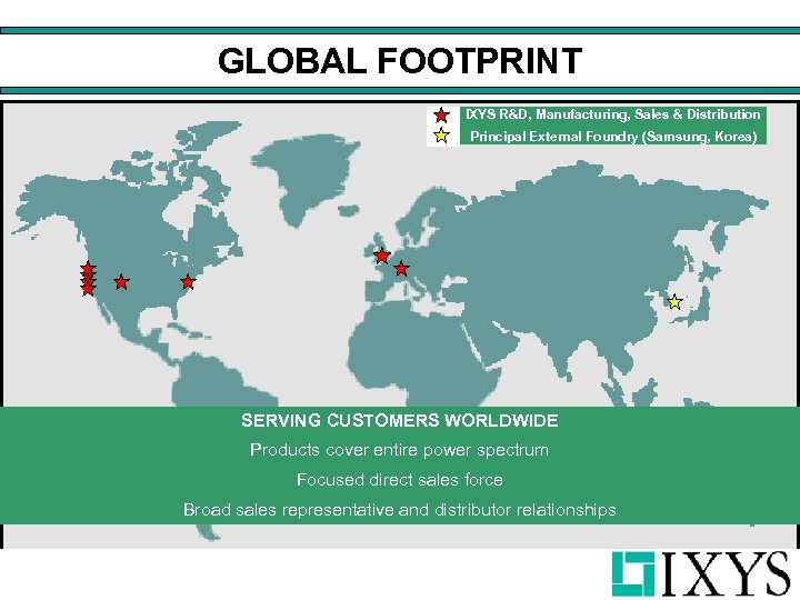 GLOBAL FOOTPRINT IXYS R&D, Manufacturing, Sales & Distribution Principal External Foundry (Samsung, Korea) SERVING