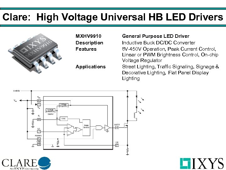 Clare: High Voltage Universal HB LED Drivers MXHV 9910 Description Features Applications General Purpose