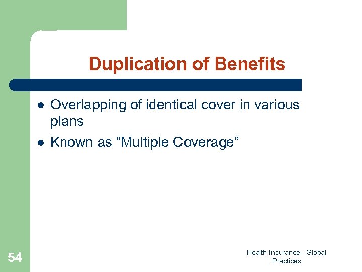 Duplication of Benefits l l 54 Overlapping of identical cover in various plans Known