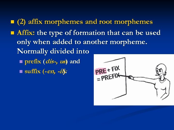 (2) affix morphemes and root morphemes n Affix: the type of formation that can