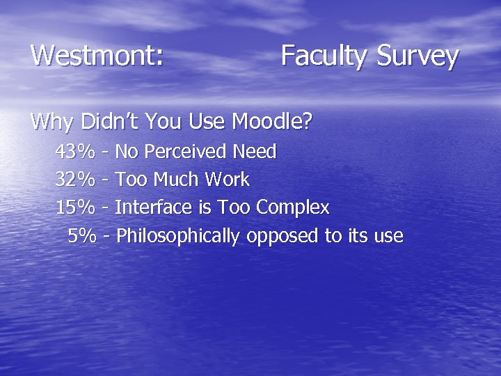 Westmont: Faculty Survey Why Didn’t You Use Moodle? 43% - No Perceived Need 32%