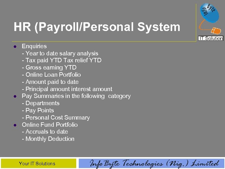 HR (Payroll/Personal System l l l Enquiries - Year to date salary analysis -