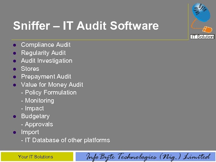 Sniffer – IT Audit Software l l l l Compliance Audit Regularity Audit Investigation