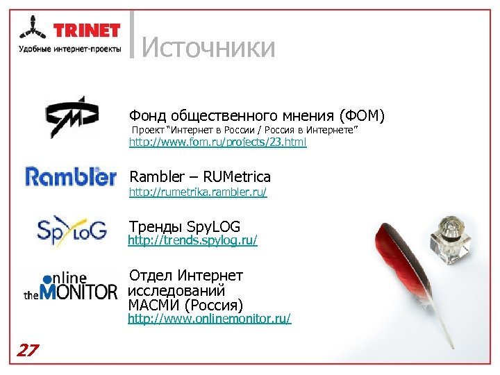Источники Фонд общественного мнения (ФОМ) Проект “Интернет в России / Россия в Интернете” http: