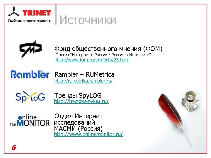 Источники Фонд общественного мнения (ФОМ) Проект “Интернет в России / Россия в Интернете” http: