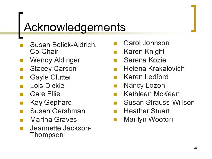 Acknowledgements n n n n n Susan Bolick-Aldrich, Co-Chair Wendy Aldinger Stacey Carson Gayle