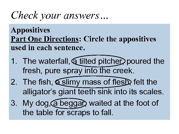 Check your answers… Appositives Part One Directions: Circle the appositives used in each sentence.