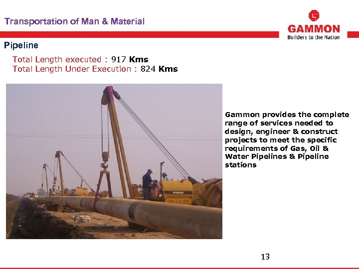 Transportation of Man & Material Pipeline Total Length executed : 917 Kms Total Length