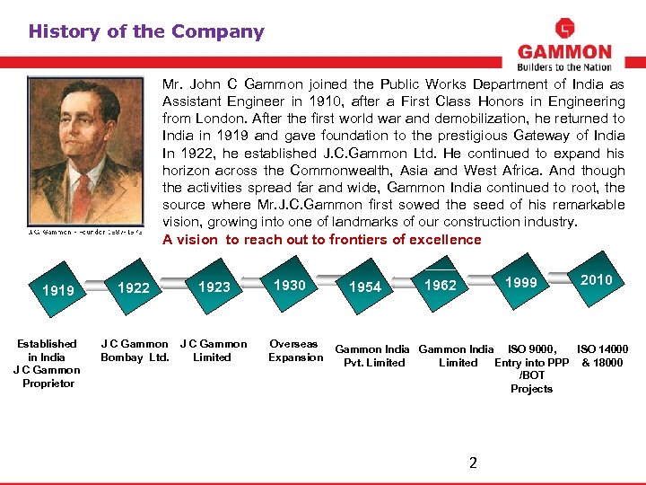 History of the Company Mr. John C Gammon joined the Public Works Department of