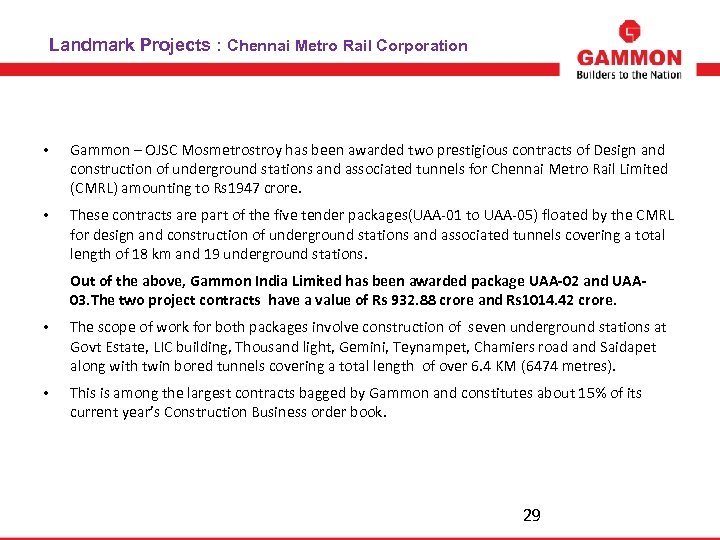 Landmark Projects : Chennai Metro Rail Corporation • Gammon – OJSC Mosmetrostroy has been