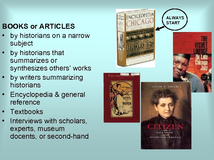 BOOKS or ARTICLES • by historians on a narrow subject • by historians that