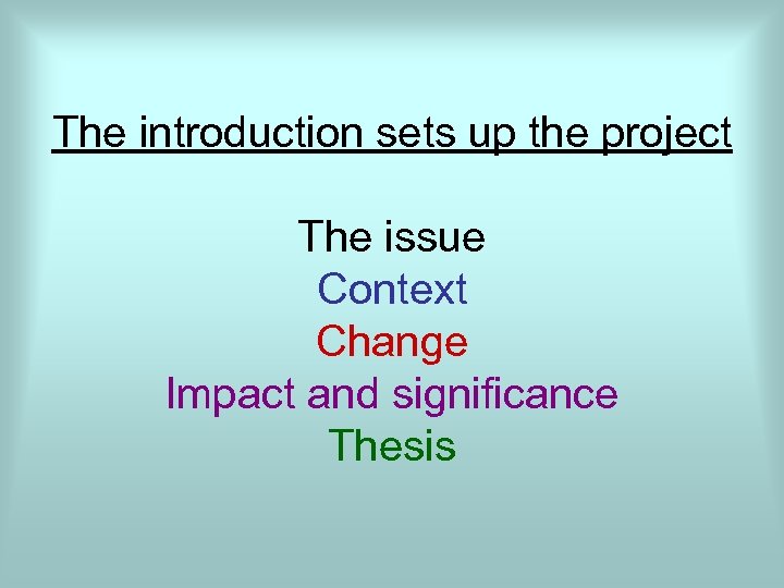 The introduction sets up the project The issue Context Change Impact and significance Thesis