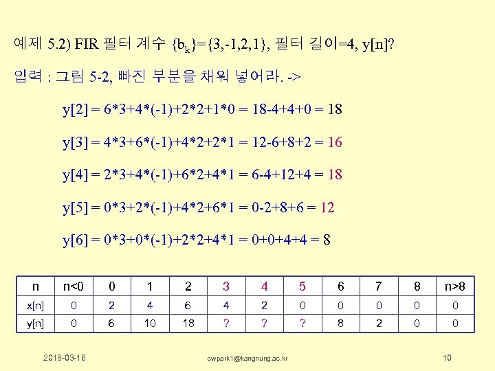예제 5. 2) FIR 필터 계수 {bk}={3, -1, 2, 1}, 필터 길이=4, y[n]? 입력