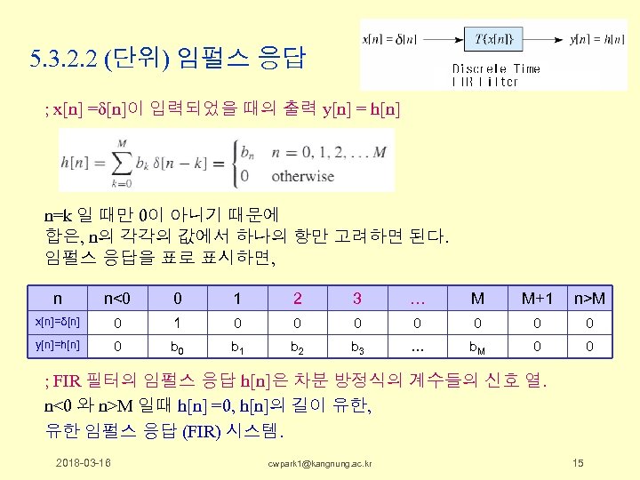 5. 3. 2. 2 (단위) 임펄스 응답 ; x[n] =δ[n]이 입력되었을 때의 출력 y[n]