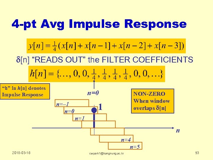 4 -pt Avg Impulse Response d[n] “READS OUT” the FILTER COEFFICIENTS “h” in h[n]