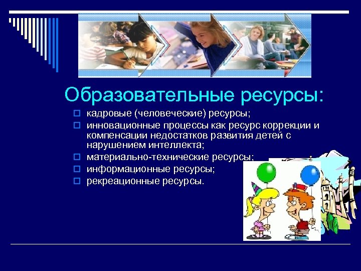 Образовательные ресурсы: o кадровые (человеческие) ресурсы; o инновационные процессы как ресурс коррекции и компенсации