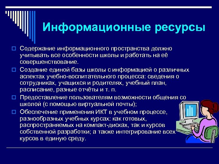 Информационные ресурсы o Содержание информационного пространства должно учитывать все особенности школы и работать на