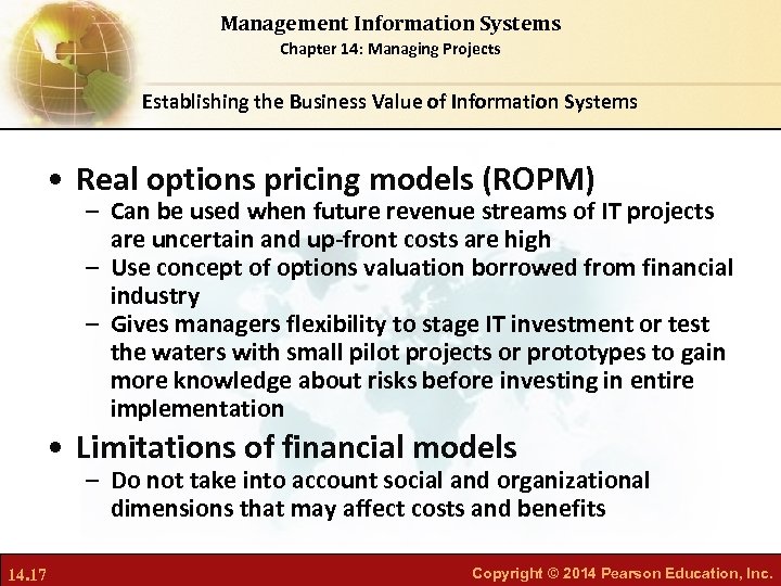 Management Information Systems Chapter 14: Managing Projects Establishing the Business Value of Information Systems