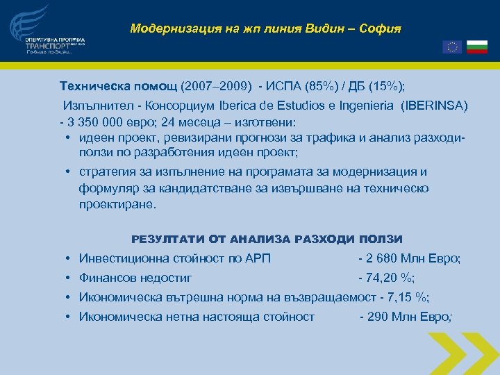 Модернизация на жп линия Видин – София Техническа помощ (2007– 2009) - ИСПА (85%)