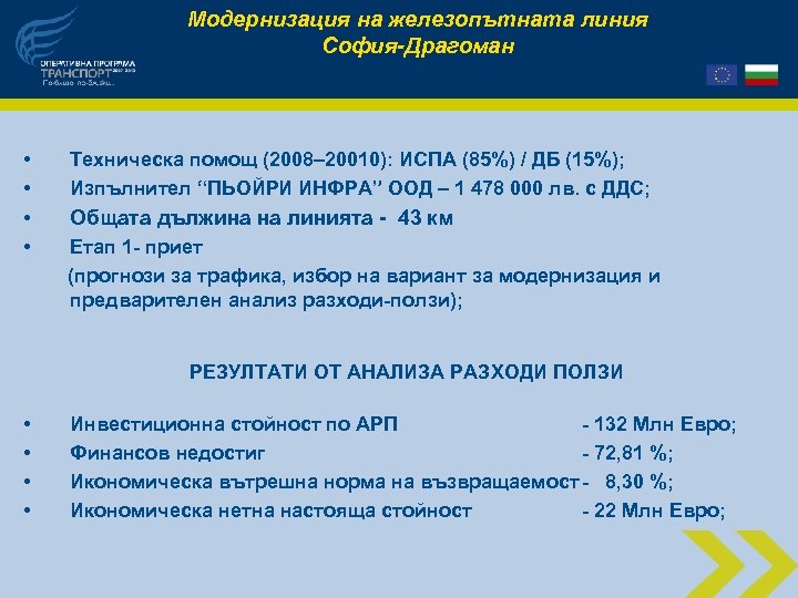 Модернизация на железопътната линия София-Драгоман • • Техническа помощ (2008– 20010): ИСПА (85%) /