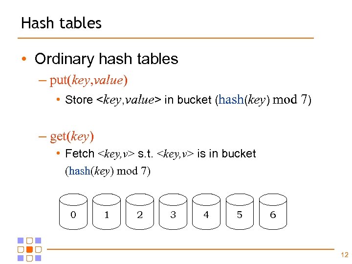 Hash tables • Ordinary hash tables – put(key, value) • Store <key, value> in