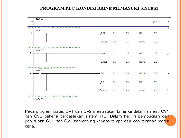 PROGRAM PLC KONDISI BRINE MEMASUKI SISTEM Pada program diatas CV 1 dan CV 2