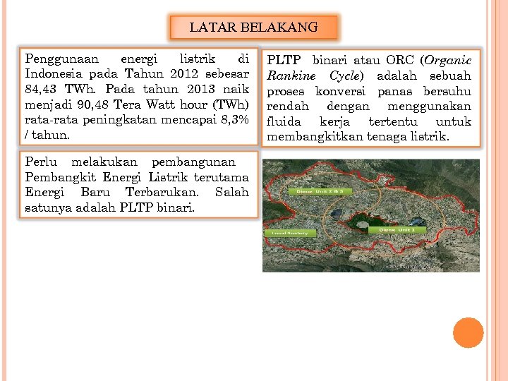 LATAR BELAKANG Penggunaan energi listrik di Indonesia pada Tahun 2012 sebesar 84, 43 TWh.