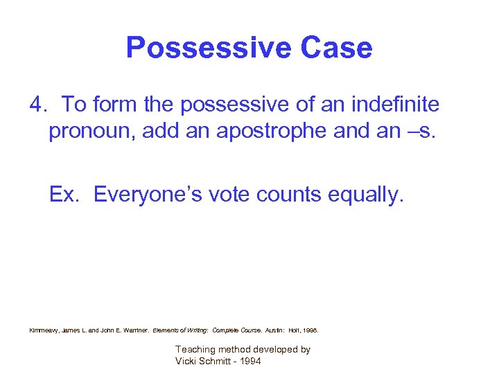 Possessive Case 4. To form the possessive of an indefinite pronoun, add an apostrophe