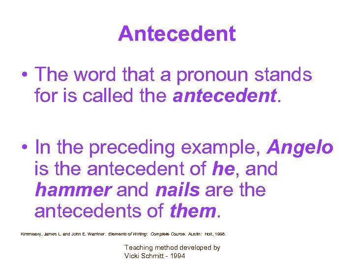 Antecedent • The word that a pronoun stands for is called the antecedent. •