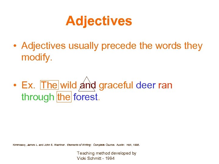 Adjectives • Adjectives usually precede the words they modify. • Ex. The wild and