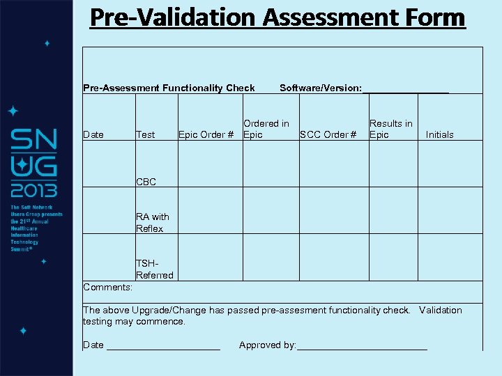 Pre-Validation Assessment Form Pre-Assessment Functionality Check Software/Version: ________ Date Test Epic Order # Ordered