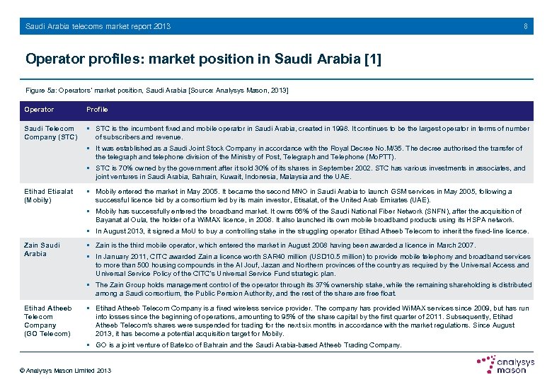 Saudi Arabia telecoms market report 2013 8 Operator profiles: market position in Saudi Arabia