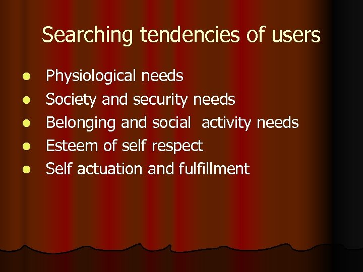 Searching tendencies of users l l l Physiological needs Society and security needs Belonging