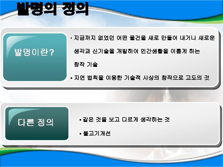 발명의 정의 • 지금까지 없었던 어떤 물건을 새로 만들어 내거나 새로운 발명이란? 생각과 신기술을